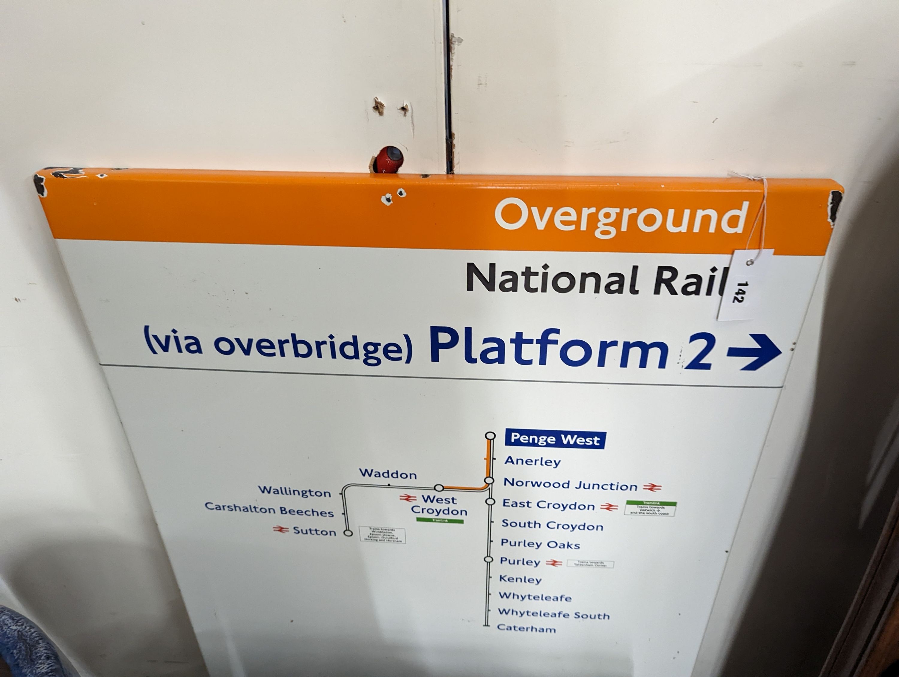 A National Rail Penge West rectangular enamelled platform sign, width 70cm, height 105cm